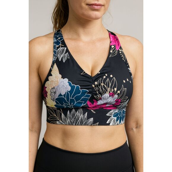 Women’s L Blue Floral Racerback Fitness Bra Wide Band, Removable Padded Cups #V - Picture 1 of 4
